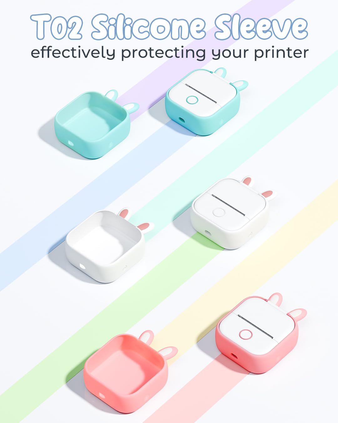 T02 Mini Sticker Printer Silicone Protective Case Bunny Ears Cover Case, Cute Design for T02 inkless Sticker Printer, Compatible with LabelCreate, Memoking, Memoqueen, Phomemo T02 Mini Printer, Green