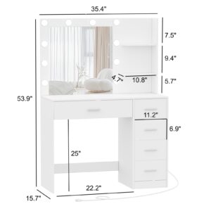 Keehusux Vanity Table with Mirror and Lights, 3 Lighting Colors, Bedroom Makeup Vanity with Charging Station, Makeup Desk with 5 Drawers and Open Storage Shelves, White KES001WSZT