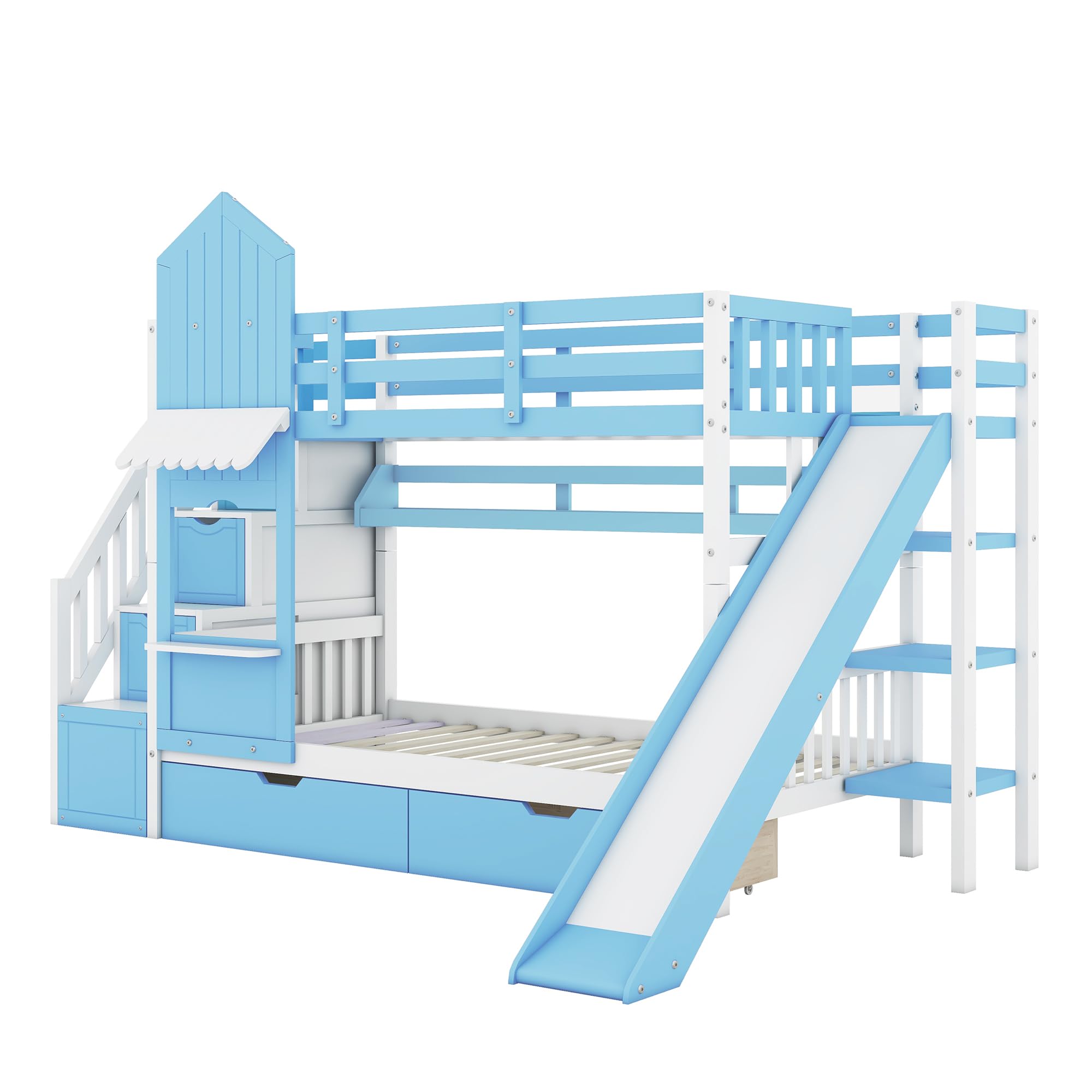 Kids Bunk Bed with Stairs and Slide, Wood Twin Over Twin Bunk Bed with Storage Drawers and Shelves, Castle Style Bunk Beds for Kids Teens Girls Boys, Blue