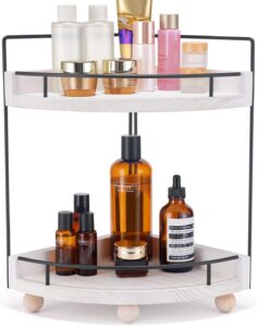 2-tier corner bathroom counter organizer,counter corner shelf,bathroom storage and organization,vanity organizer,skincare organizers,wood countertop organize for bathroom, kitchen