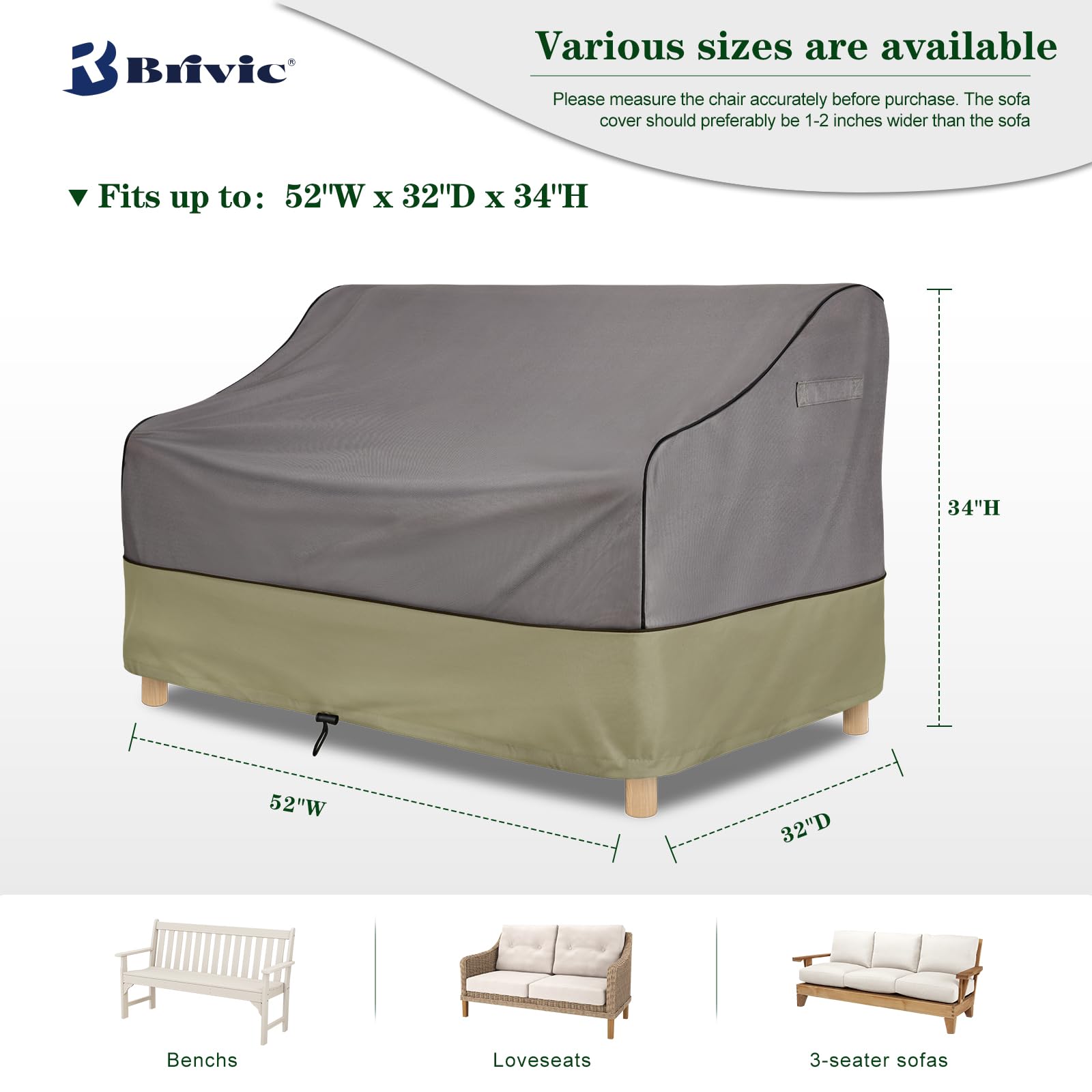 BRIVIC Outdoor Furniture Covers Waterproof for Sofa, Patio 3-Seater Benches Covers Fits up to 88W x 36D x 35H inches, Grey