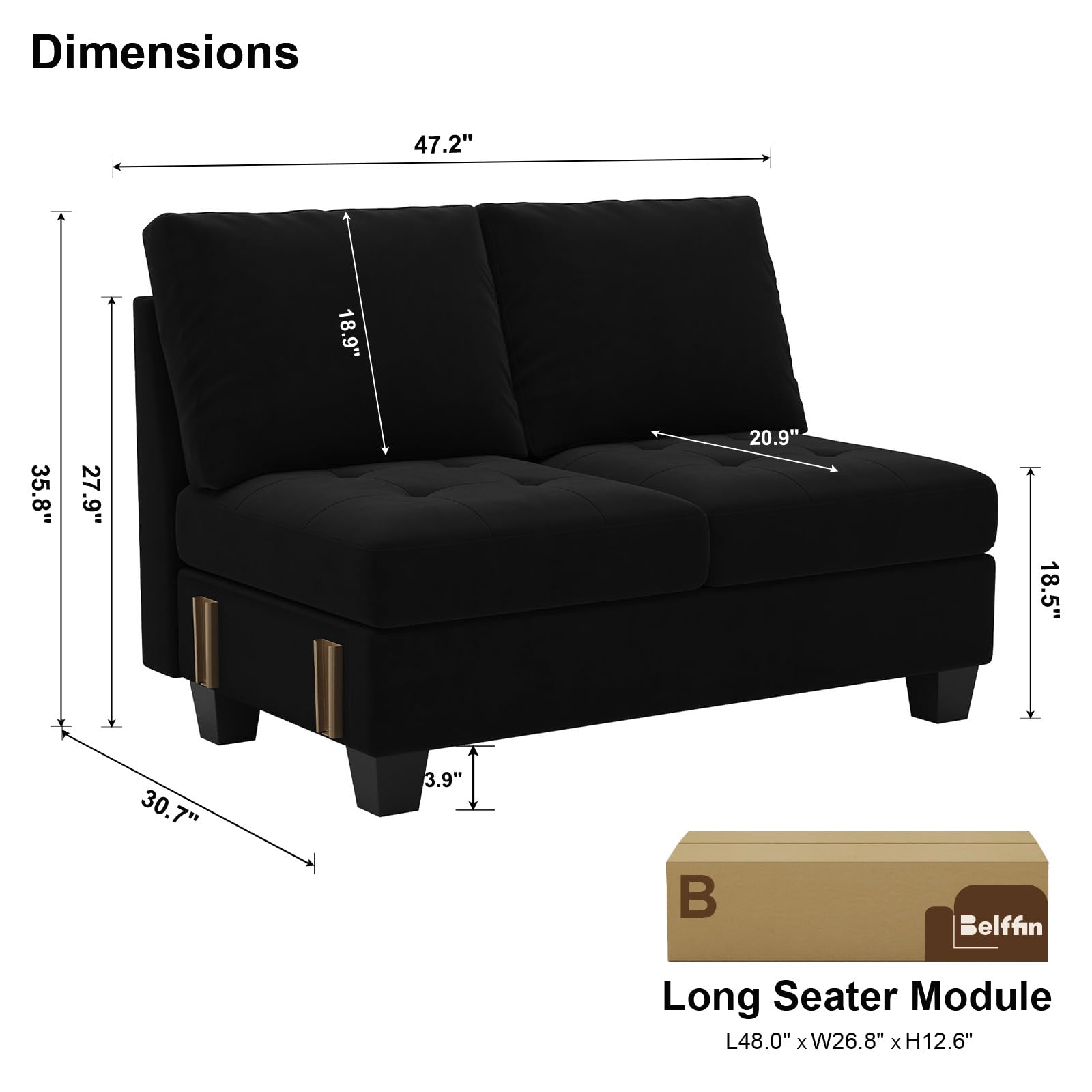 Belffin Velvet Long 2-Seat Module for Modular Sofa Sectional Couch Accent Armless 2 Seater Sofa Couch Chair Modern Fabric Black