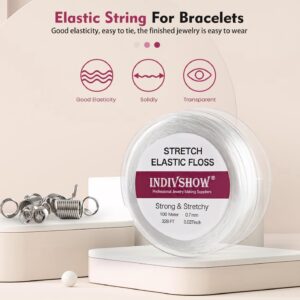 INDIVSHOW Elastic Bracelet String Cord Stretch Bead Cord with 6pcs Bead Stoppers and 1pc Big Eye Beading Needle for Jewelry Making and Bracelet Making White