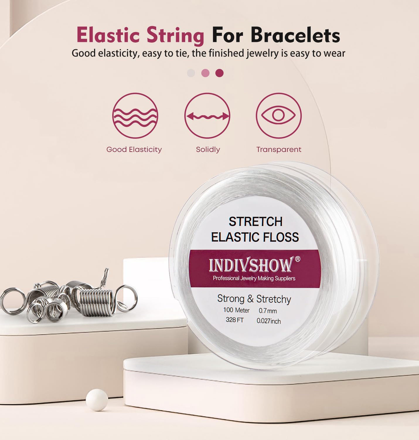 INDIVSHOW Elastic Bracelet String Cord Stretch Bead Cord with 6pcs Bead Stoppers and 1pc Big Eye Beading Needle for Jewelry Making and Bracelet Making White