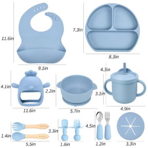 BlissBuds Silicone Baby Feeding Set, 15 pieces baby suction plates and bowls set with baby bibs, spoons, forks, sippy cup and teether, baby led weaning supplies set for 6 months + (Blue)