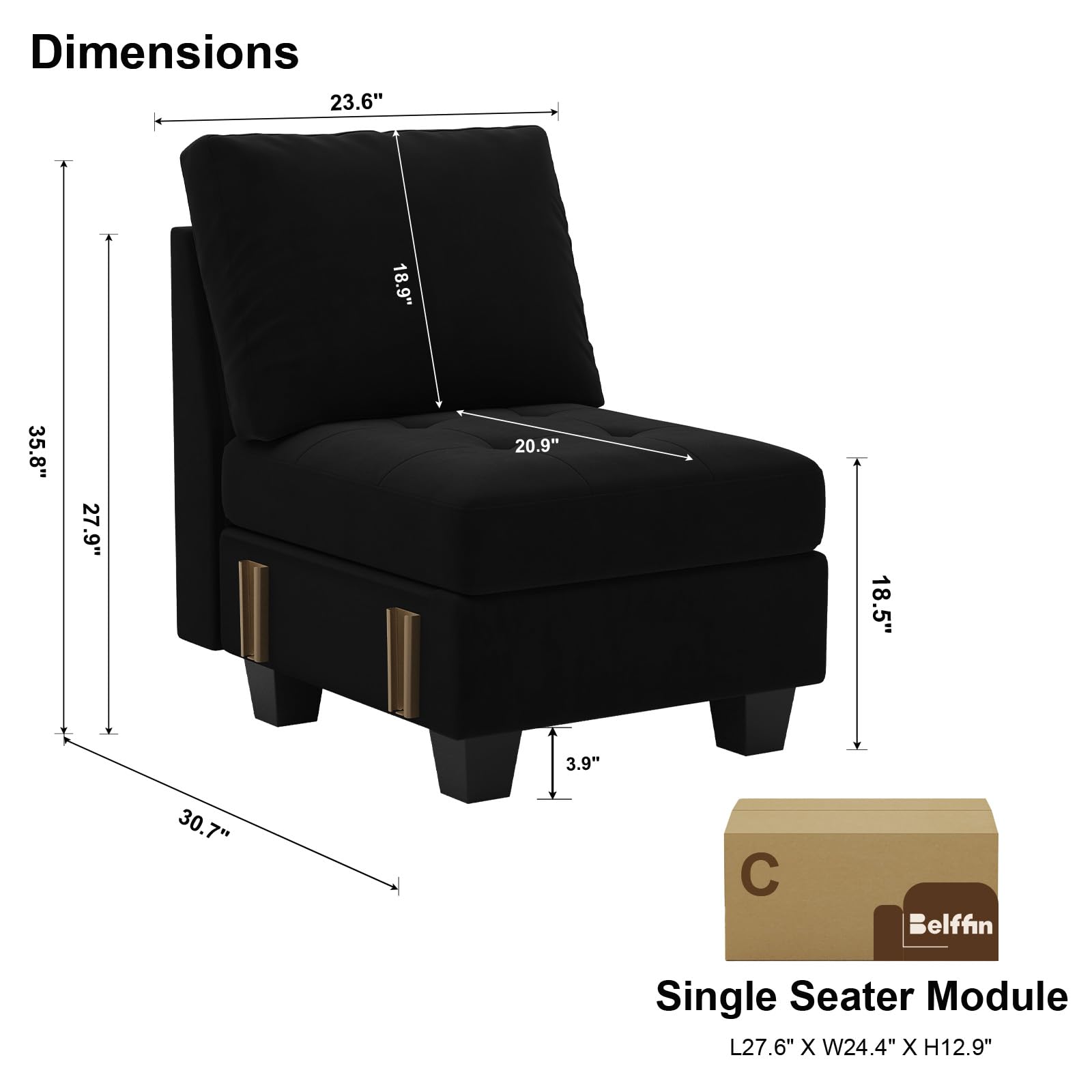 Belffin Velvet Single Seat Module for Modular Sectional Sofa Couch Accent Armless Sofa Couch Chair Modern Fabric Black