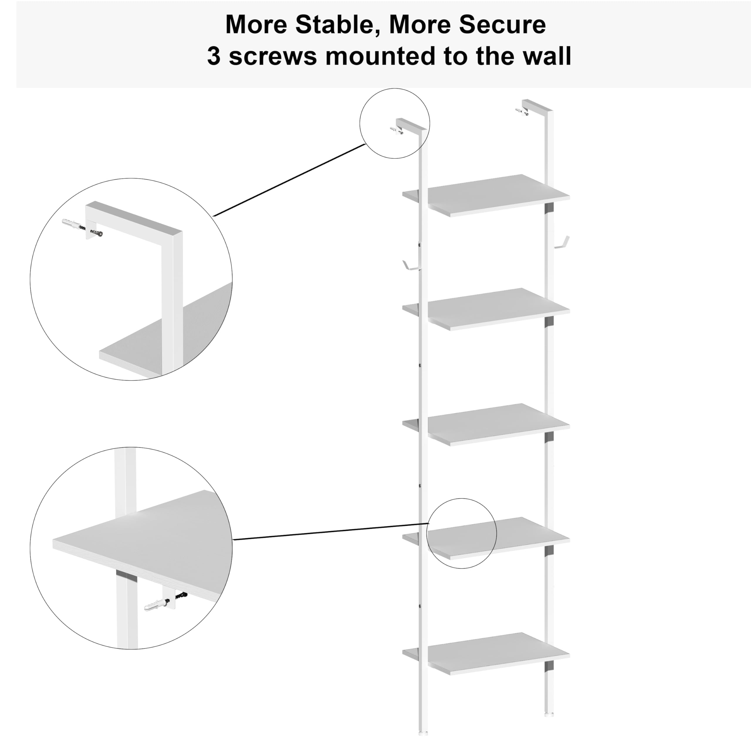 Tohomeor Industrial Bookshelf Wall Mounted 5-Tiers Ladder Shelf Wooden and Metal Narrow Thin Bookshelf Open Display Storage Rack for Living Room Bedroom Home Office (White, Narrow)