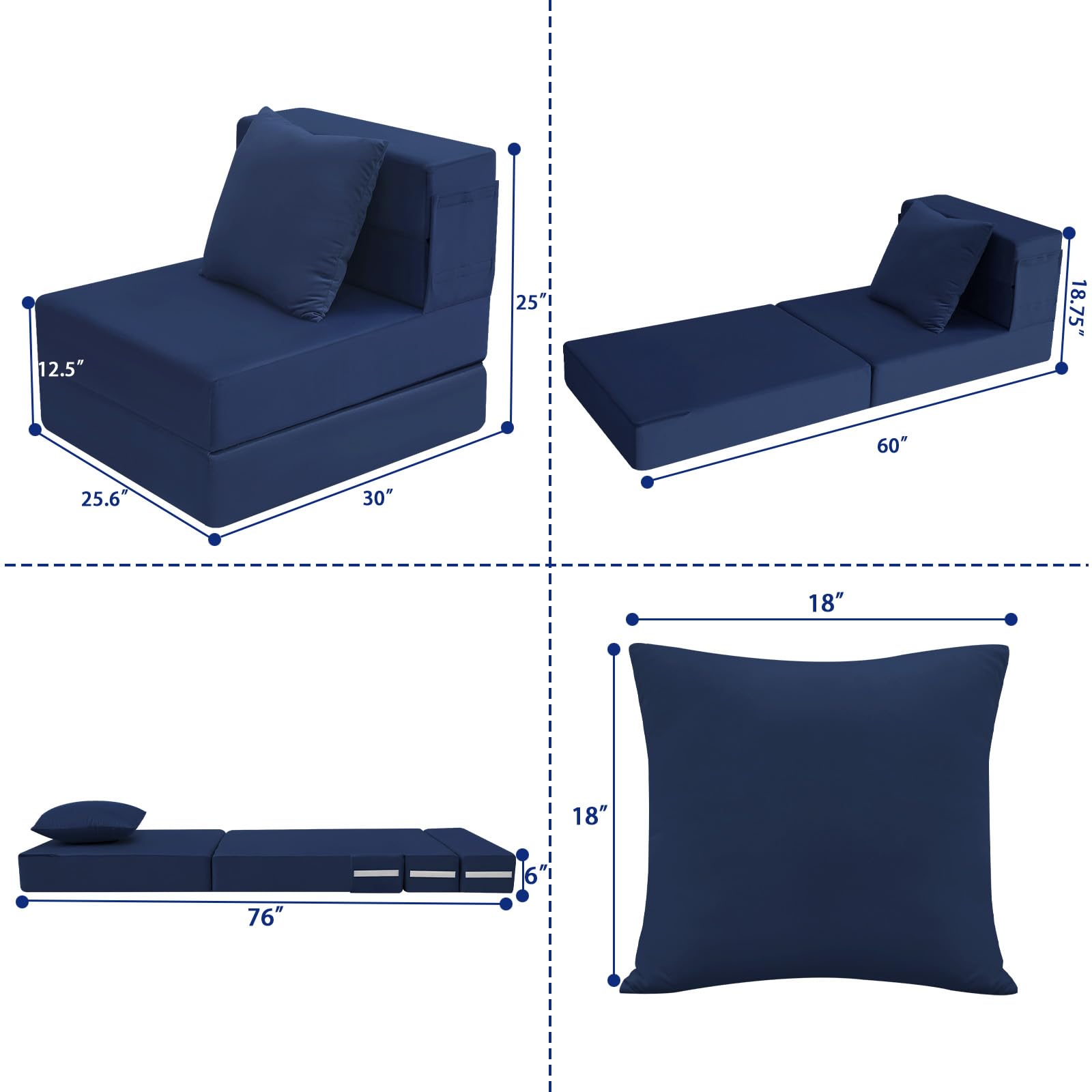 MeMoreCool Foldable Futon Chair Bed Sleeper for Adults, Single Sofa Bed Folding Mattress 6 Inch, Fold Out Couch Bed with Pillow, Convertible Foam Floor Sofa Sleeping Tri Fold Mattress Chair (Navy)