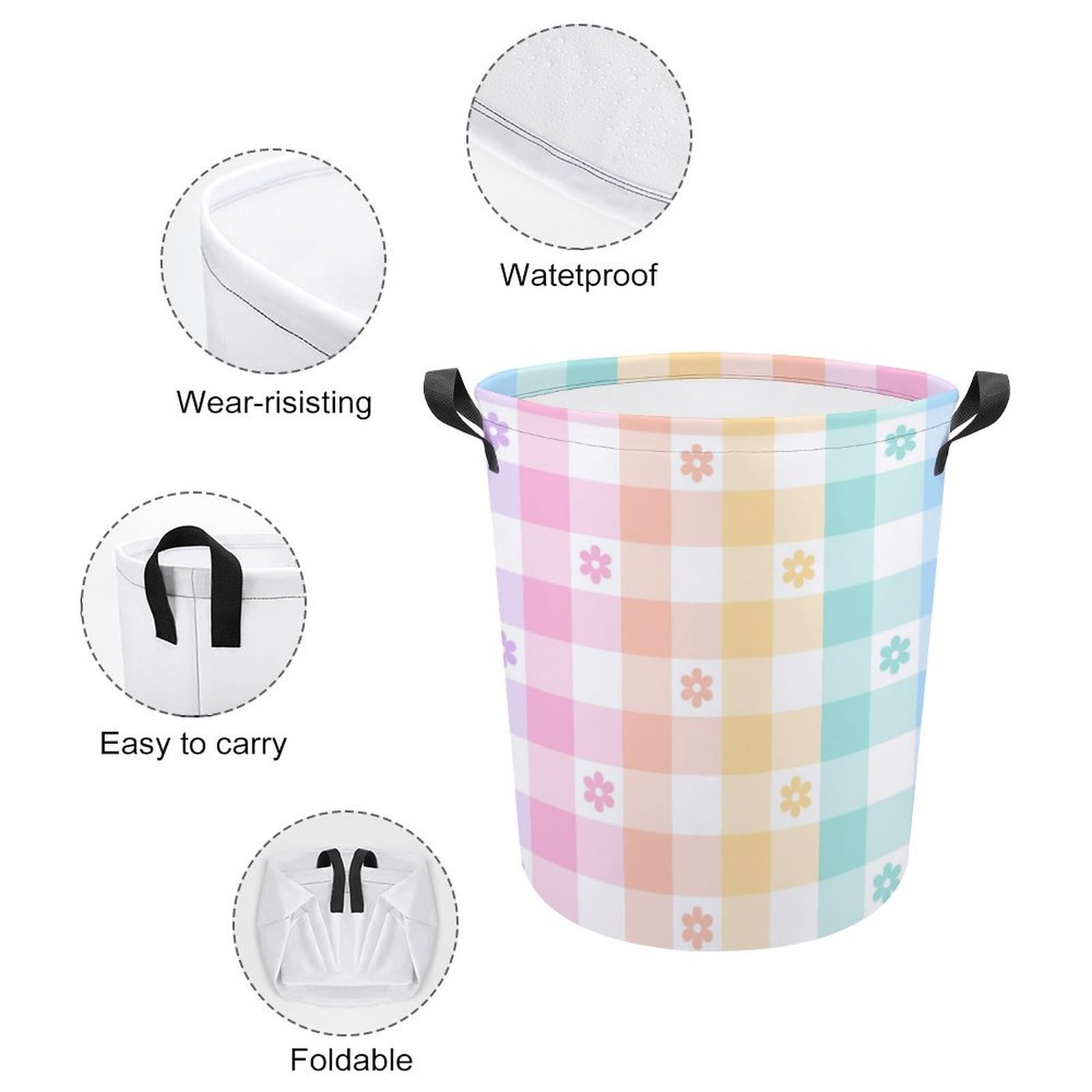 MEIKKO Rainbow Floral Check Laundry Hamper Waterproof Laundry Storage Basket for Clothes,Toys,Bedroom,Bathroom Organizer