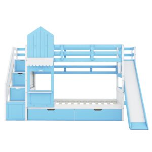 Kids Bunk Bed with Stairs and Slide, Wood Twin Over Twin Bunk Bed with Storage Drawers and Shelves, Castle Style Bunk Beds for Kids Teens Girls Boys, Blue