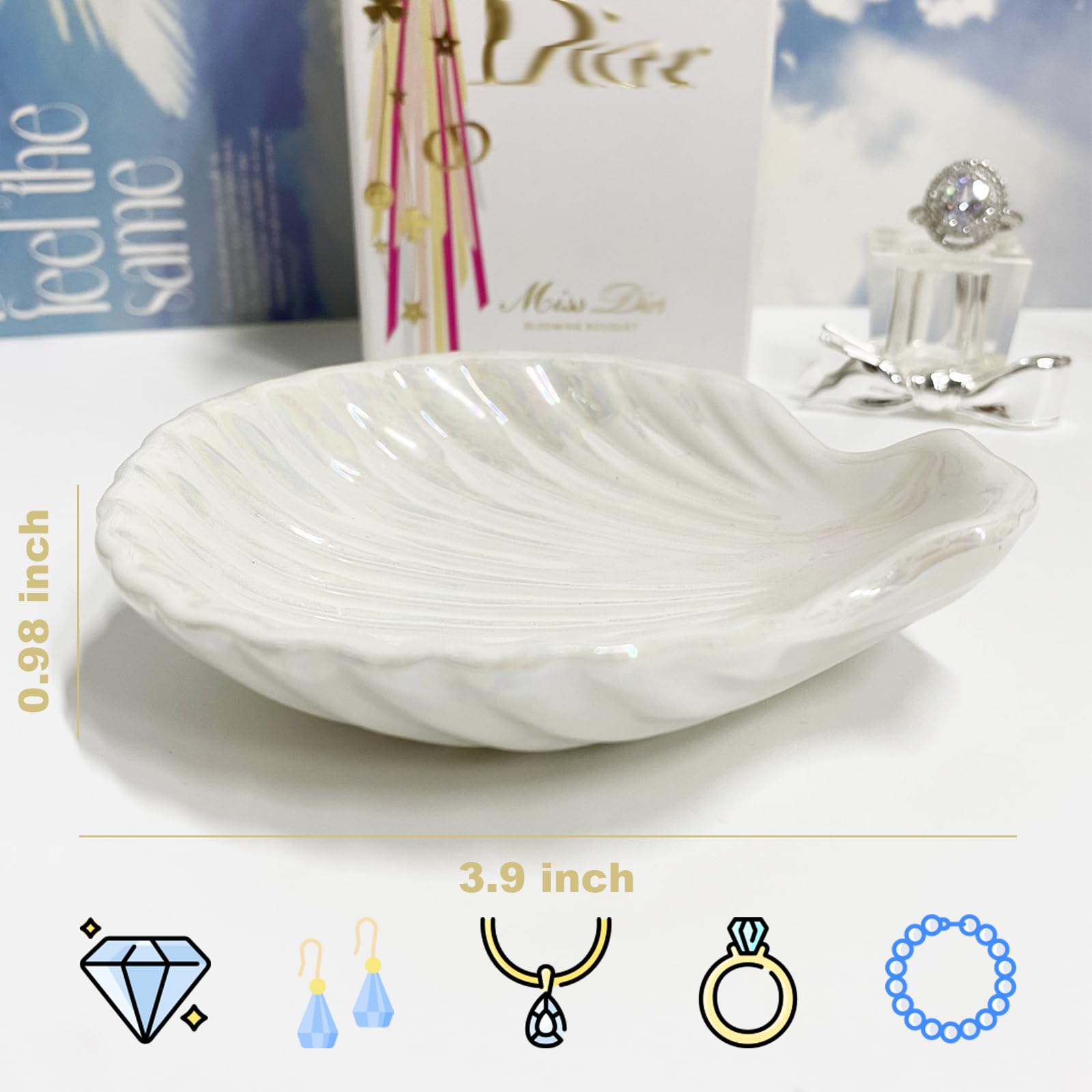 Ring Dish Shell Shape Ceramic Jewelry Dish Tray, Decorative Trinket Dish Organizing Rings Earrings Necklaces Keys for Mom Friend Sister, 3.9", White Iridescent Surface