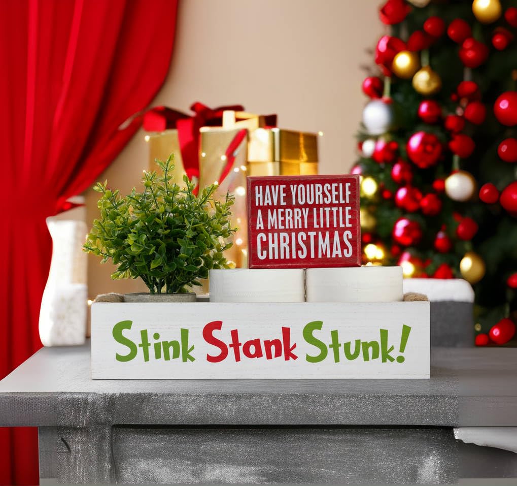 Veichin Double-Sided Christmas Funny Bathroom Decor with Double-Sided Sign, Stink Stank Stunk Box, Toilet Paper Storage Basket, White Wood Tank Tray Organizer with Handles for Christmas Decorative