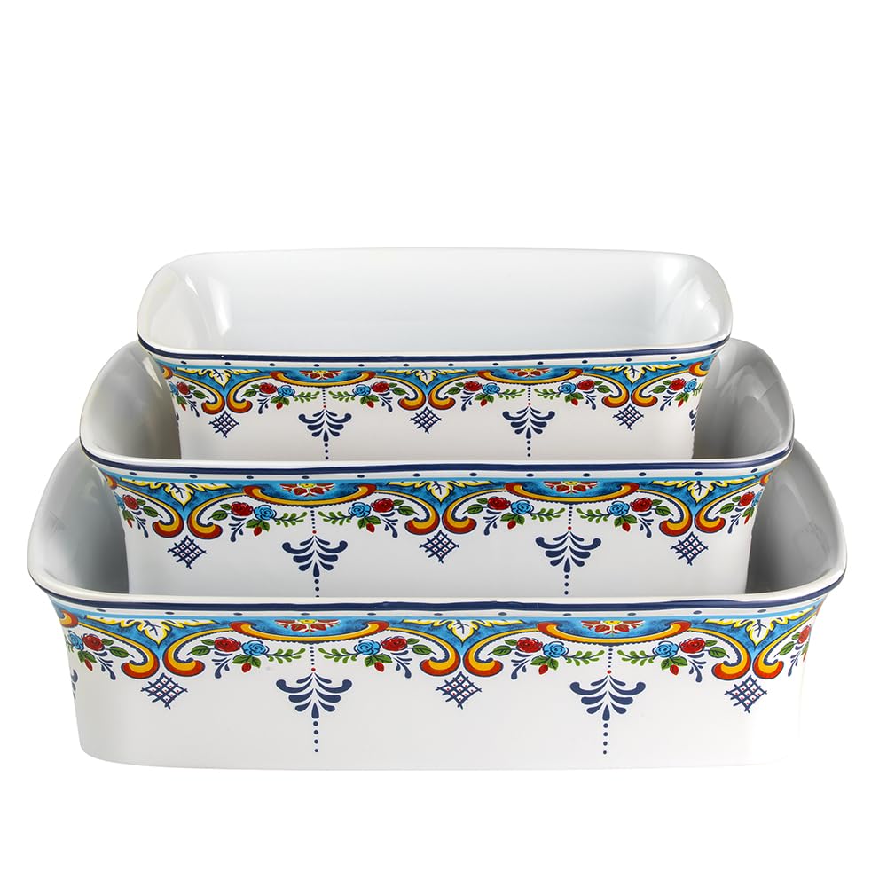 Euro Ceramica Zanzibar Collection 3-Piece Oven to Table Stoneware Casserole Dish Set, Deep Rectangular Lasagna Pans. Freezer to Oven to Table Safe - Bake and Serve.