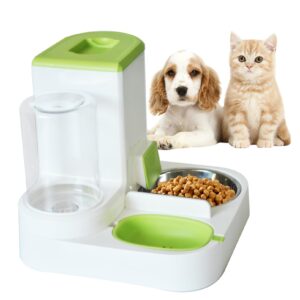 muyg automatic cat food and water dispenser set 2 in 1,all-in-one gravity pet feeder with stainless steel cat food bowl travel auto supply feeder and water dispenser for small medium cats dogs (green)