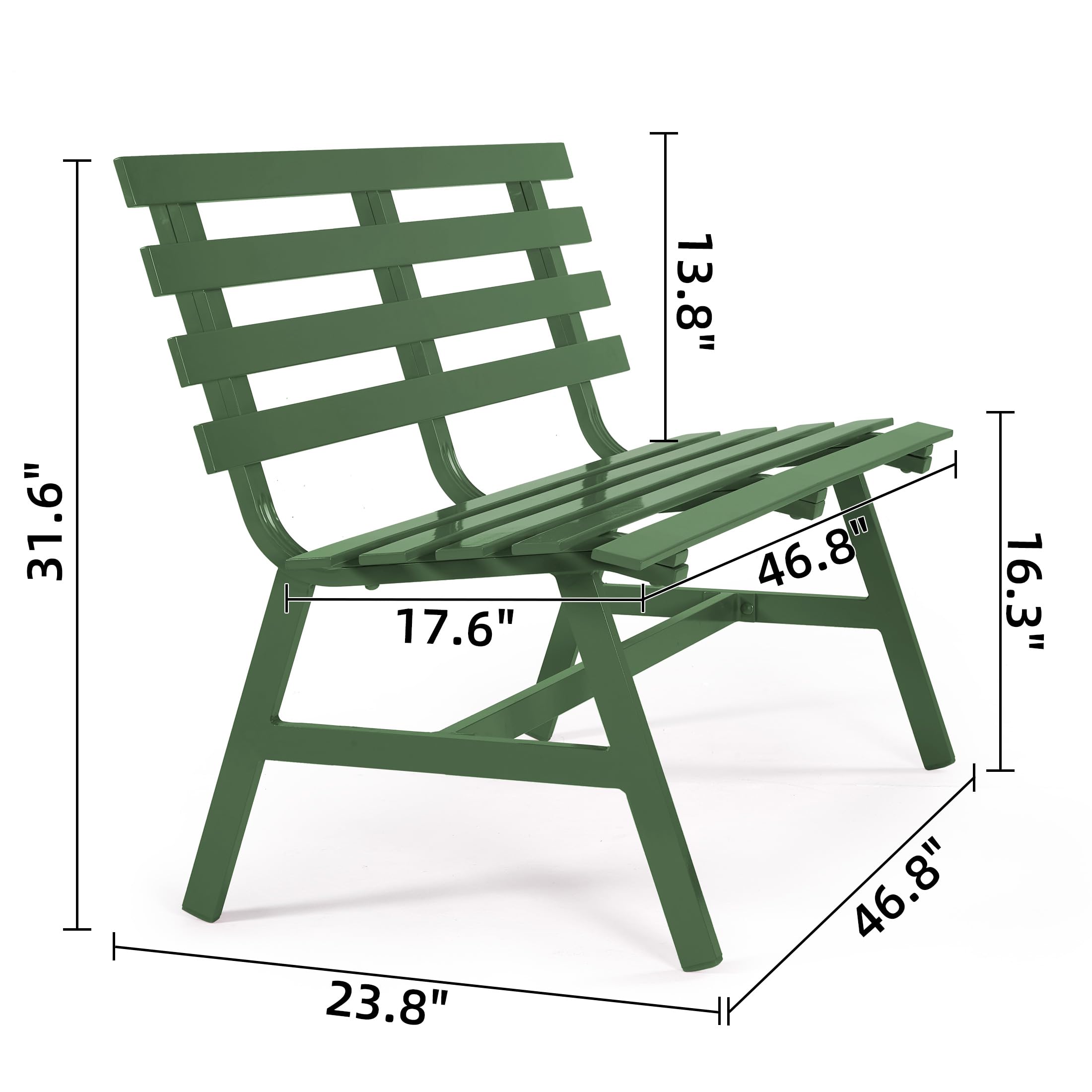 Eongdn Garden Bench, 2-Person Aluminum Patio Bench, All-Weather Outdoor Powder-Coated Bench for Porch, Backyard (Grass Green)