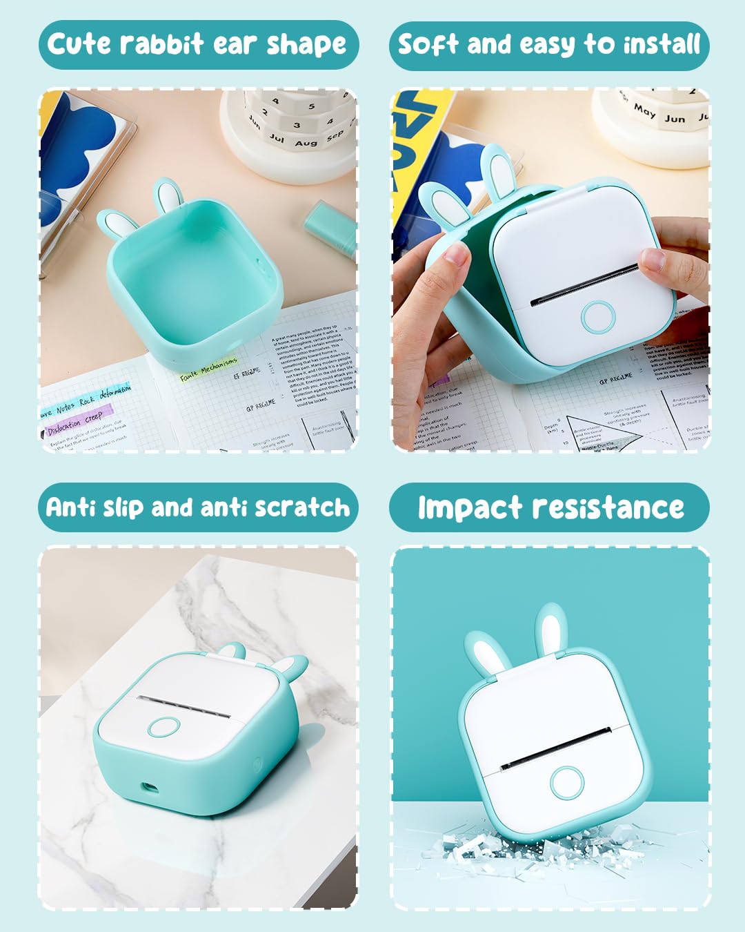 T02 Mini Sticker Printer Silicone Protective Case Bunny Ears Cover Case, Cute Design for T02 inkless Sticker Printer, Compatible with LabelCreate, Memoking, Memoqueen, Phomemo T02 Mini Printer, Green