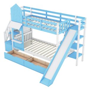 Kids Bunk Bed with Stairs and Slide, Wood Twin Over Twin Bunk Bed with Storage Drawers and Shelves, Castle Style Bunk Beds for Kids Teens Girls Boys, Blue