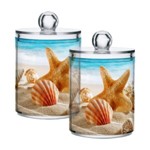 alaza 2 pack qtip holder dispenser for cotton ball shell beach starfish ocean 2 cotton swab cotton round pads clear plastic acrylic jar set bathroom canister