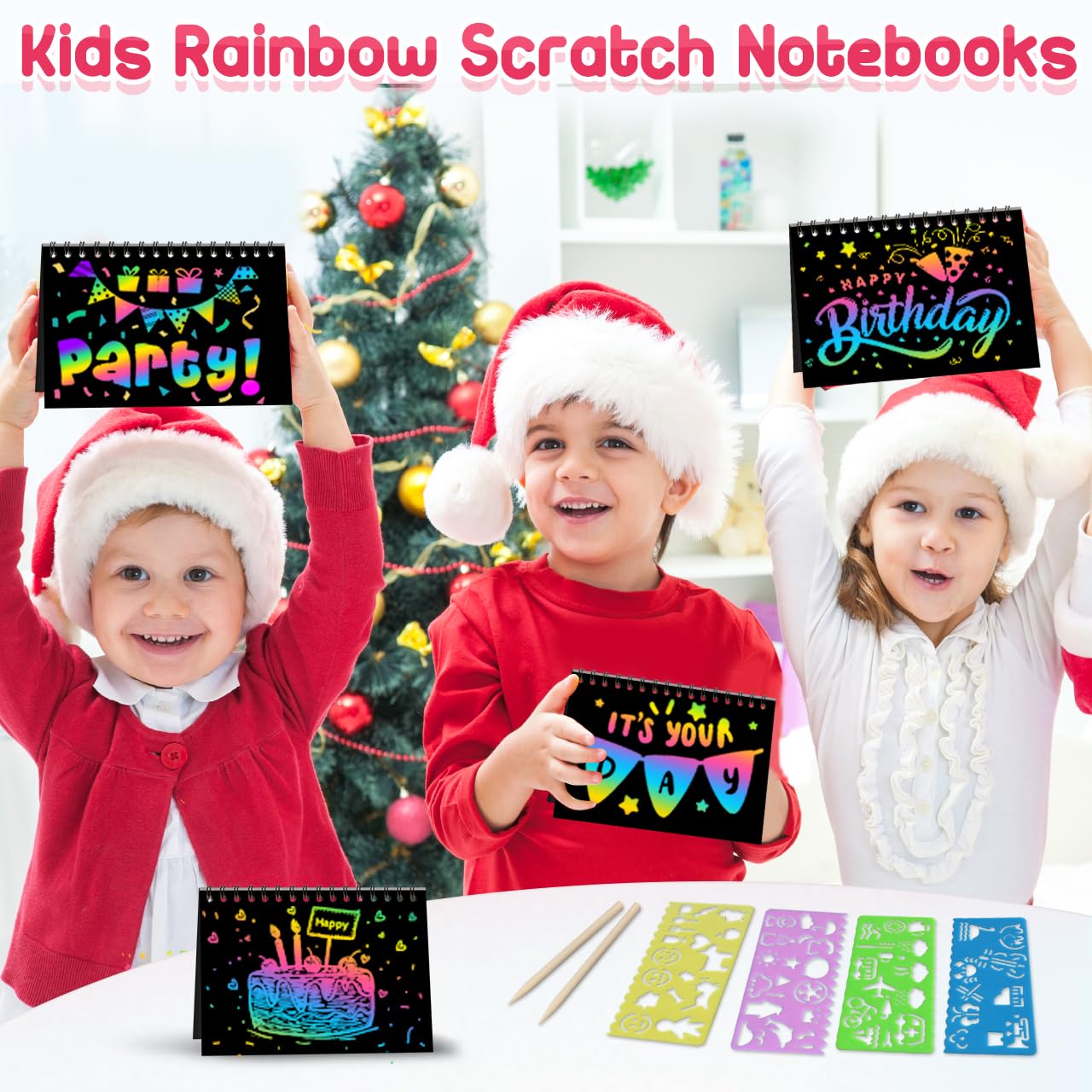 FEREDO KIDS Birthday Party Favors: 4 Pack Rainbow Scratch Notebook Bulk Party Favors for Kids Goodie Bags Prize Box Toys for Kids Classroom School Supplies Christmas Gifts Kids Crafts