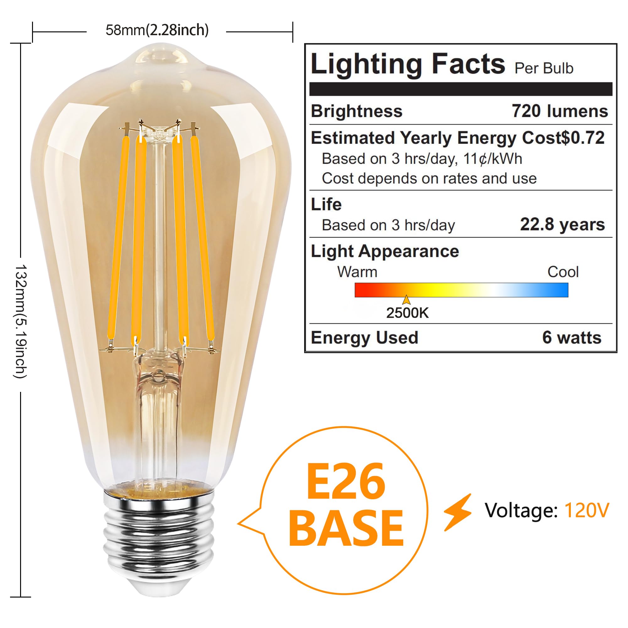 PARTPHONER LED Dimmable Edison Bulbs 6W 720LM, Vintage ST58 LED Light Bulb 2500K Amber Warm White Light 60 Watt Incandescent Equivalent E26 Base, 4 Pack