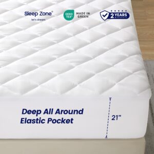 SLEEP ZONE Noiseless Mattress Pad Queen, Ultra Breathable, Cooling Mattress Cover for Hot Sleepers, Machine Washable (White, Queen, 60x80)