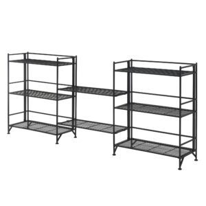 convenience concepts xtra storage 3 tier wide folding metal shelves with set of 2 extension shelves - organizer for living room, office, bedroom, garage, kitchen, bathroom, black