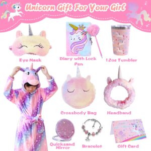 Unicorn Gifts for Girls Age 6-8, Christmas Birthday Gift Box for 6 7 8 9 10 Years Old Girl, 8PCs Unicorn-Themed Gift Basket with Tumbler, Diary with Lock, Mirror, Bracelet, Eye Mask,Headband,etc