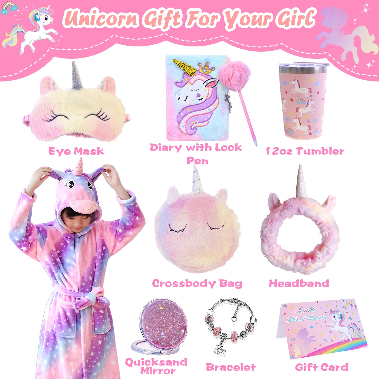 Unicorn Gifts for Girls Age 6-8, Christmas Birthday Gift Box for 6 7 8 9 10 Years Old Girl, 8PCs Unicorn-Themed Gift Basket with Tumbler, Diary with Lock, Mirror, Bracelet, Eye Mask,Headband,etc