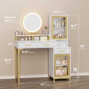 Zarler 41" W Makeup Vanity Desk with Mirror and LED Lights, Large Vanity Desk with Charging Station, Makeup Table with 2 Cabinets and 3 Drawers, 16" D x 41" W x 50" H, White