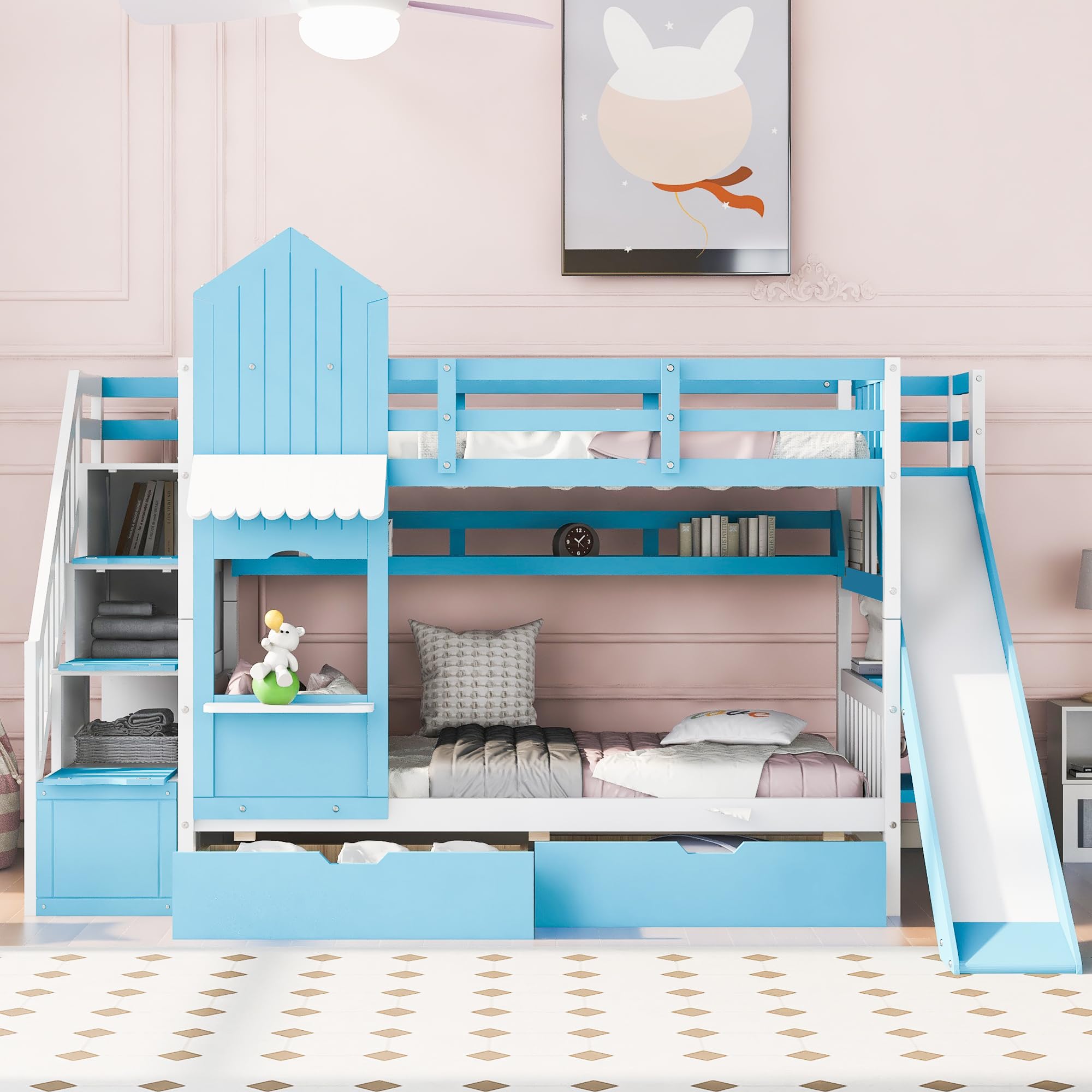 Kids Bunk Bed with Stairs and Slide, Wood Twin Over Twin Bunk Bed with Storage Drawers and Shelves, Castle Style Bunk Beds for Kids Teens Girls Boys, Blue