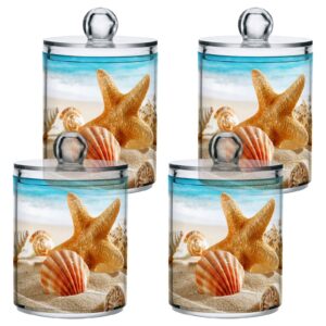 ALAZA 2 Pack Qtip Holder Dispenser for Cotton Ball Shell Beach Starfish Ocean 2 Cotton Swab Cotton Round Pads Clear Plastic Acrylic Jar Set Bathroom Canister