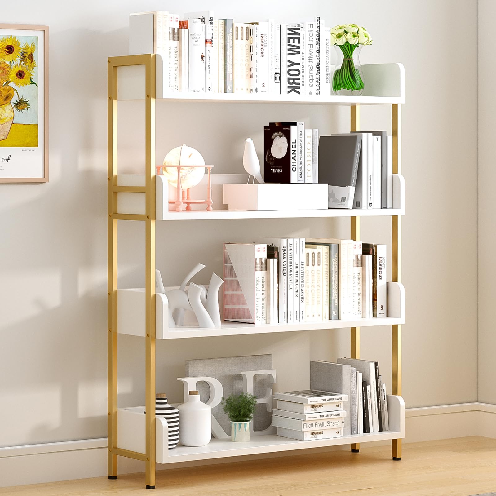 OSCHF Wide Open Shelf Bookcase - Modern 4-Tier Floor Standing Display Bookshelf with Three-Side Baffles for Home and Office, Storage Shelving in Warm White with Gold Frame