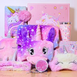 Unicorn Gifts for Girls Age 6-8, Christmas Birthday Gift Box for 6 7 8 9 10 Years Old Girl, 8PCs Unicorn-Themed Gift Basket with Tumbler, Diary with Lock, Mirror, Bracelet, Eye Mask,Headband,etc