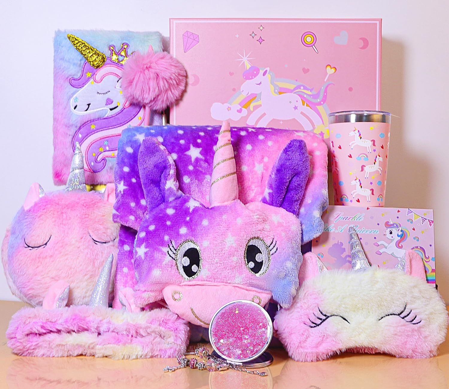 Unicorn Gifts for Girls Age 6-8, Christmas Birthday Gift Box for 6 7 8 9 10 Years Old Girl, 8PCs Unicorn-Themed Gift Basket with Tumbler, Diary with Lock, Mirror, Bracelet, Eye Mask,Headband,etc