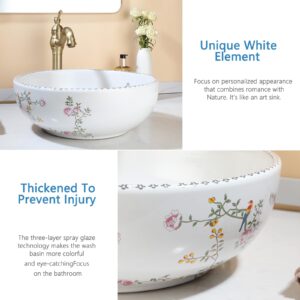 Sinku Mccut Ceramic Bathroom Vessel Sink with Faucet and Drain Combo Artistic Hand Painted Round Bathroom Sink Bowl Above Counter Batnroom Sinks