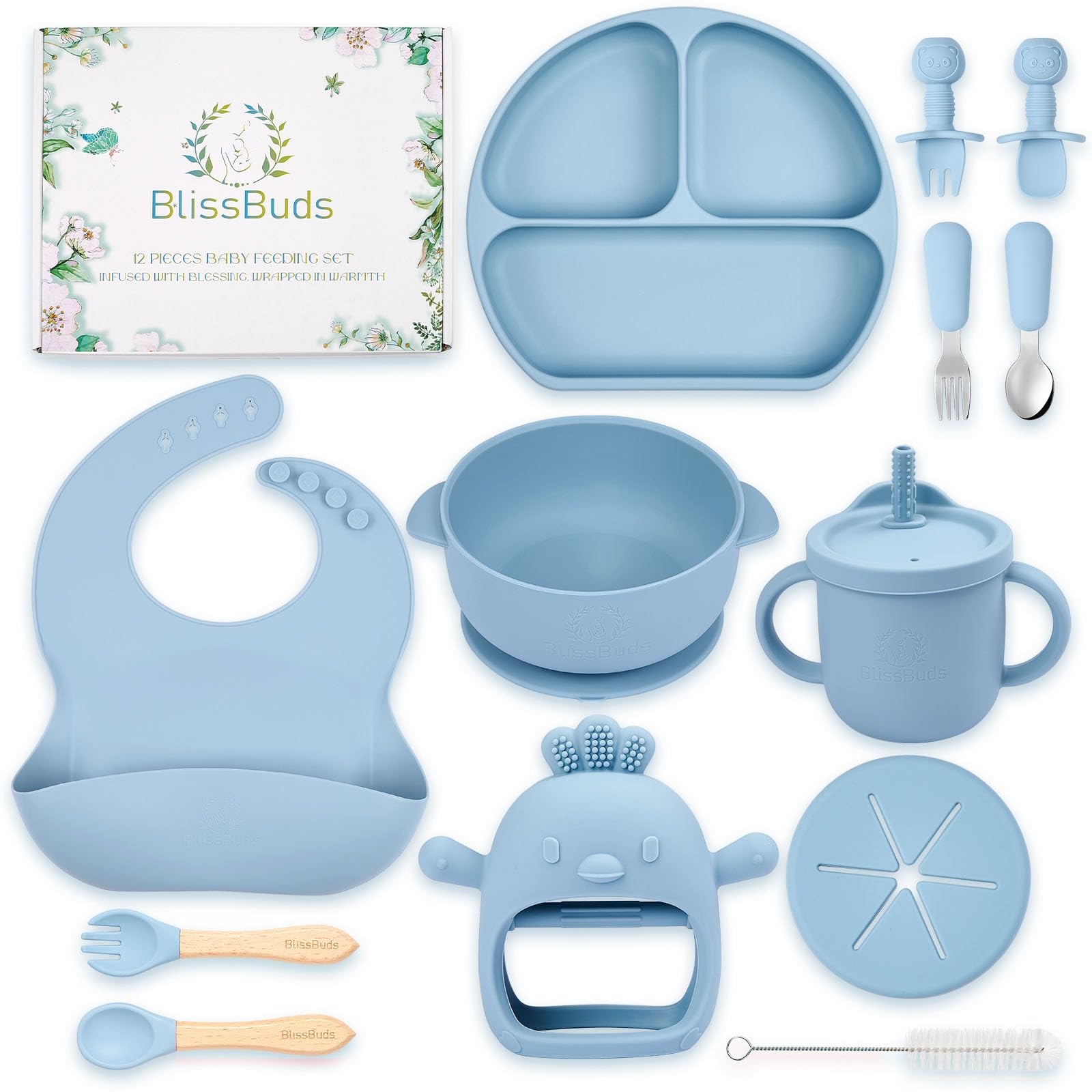 BlissBuds Silicone Baby Feeding Set, 15 pieces baby suction plates and bowls set with baby bibs, spoons, forks, sippy cup and teether, baby led weaning supplies set for 6 months + (Blue)