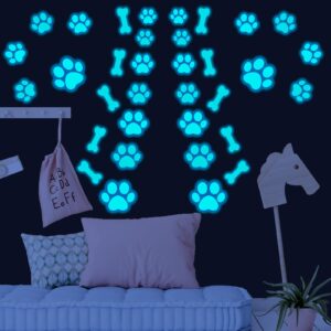 127 Pcs Dog Paw Print Stickers Glow in The Dark Wall Decals Dog Paw Print Wall Decor Dog Wall Stickers Decals Luminous Removable Vinyl Dog Paw Bone Wall Decals for Kids Nursery Bedroom (Blue Light)