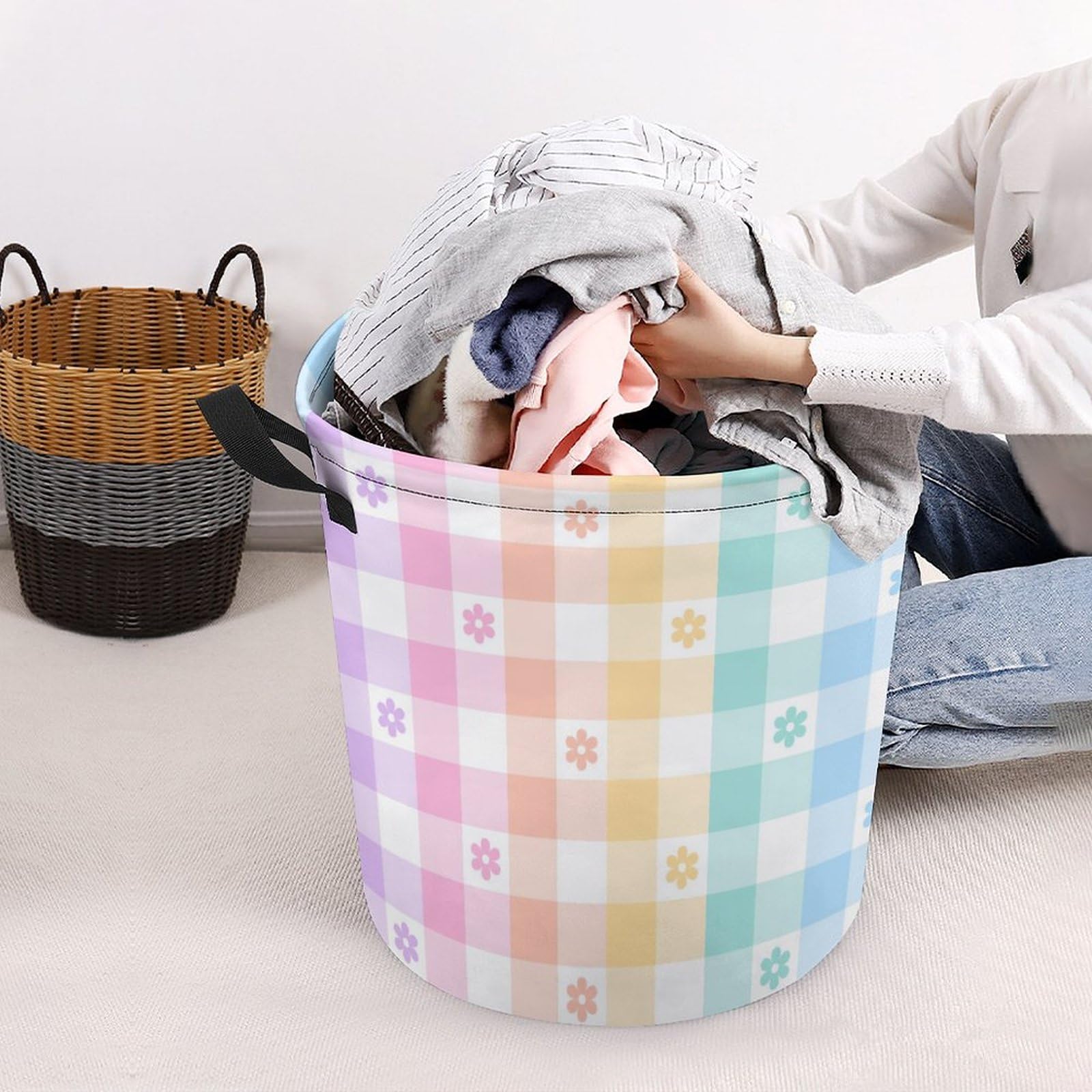 MEIKKO Rainbow Floral Check Laundry Hamper Waterproof Laundry Storage Basket for Clothes,Toys,Bedroom,Bathroom Organizer