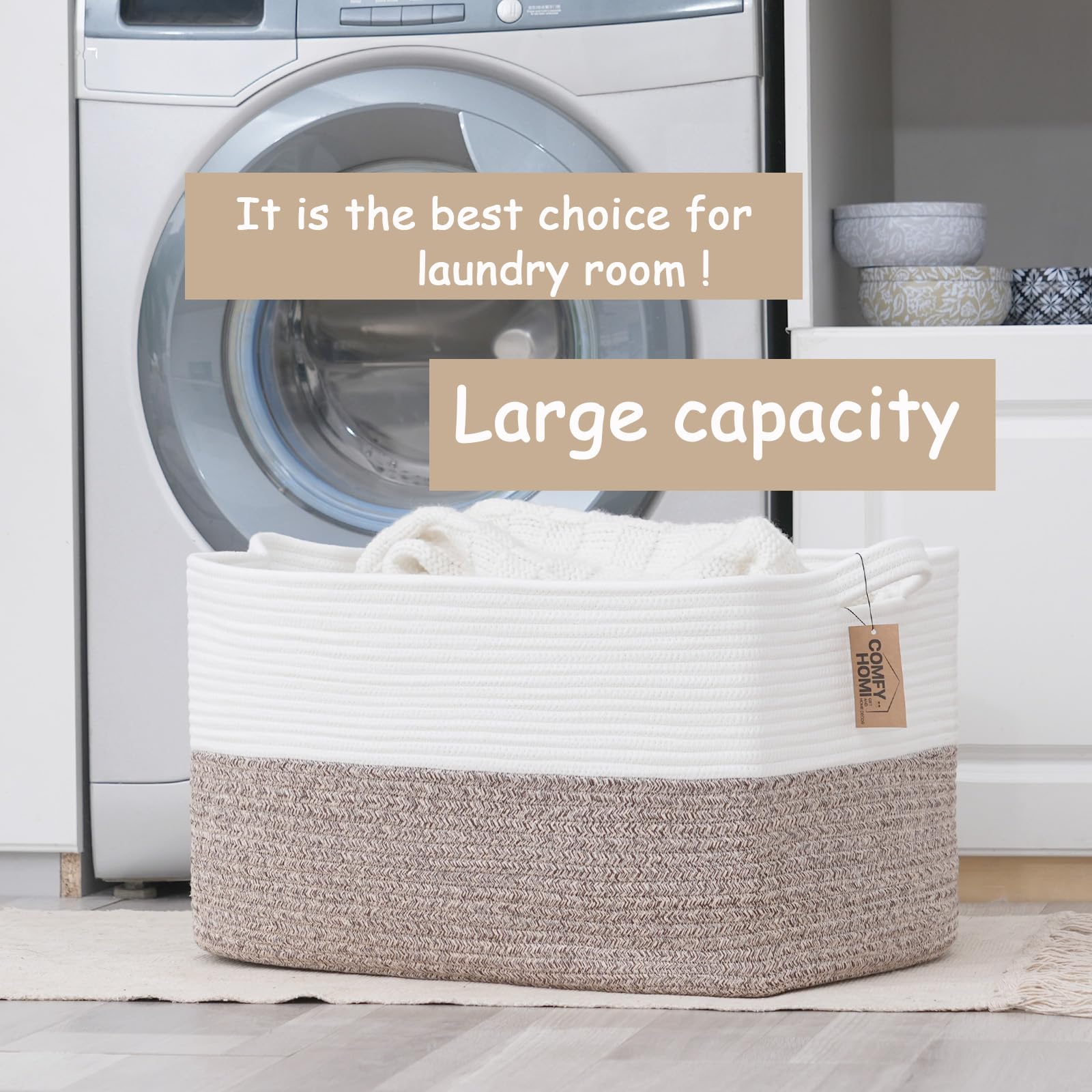 COMFY-HOMI Large Laundry Basket for Organizing|Rectangle Cotton Rope Storage Basket with Handles|Blanket Basket for Living Room|Woven Laundry Basket for Towels, Toys, Clothes-22x15x12”-White/Brown