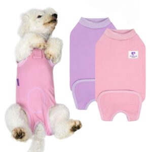 cyeollo 2pack surgery recovery suit for dogs cats soft breathable female male pet bodysuit after surgery for spay, neuter, surgical recovery onesie shirt for small medium large dogs, pink & purple, s