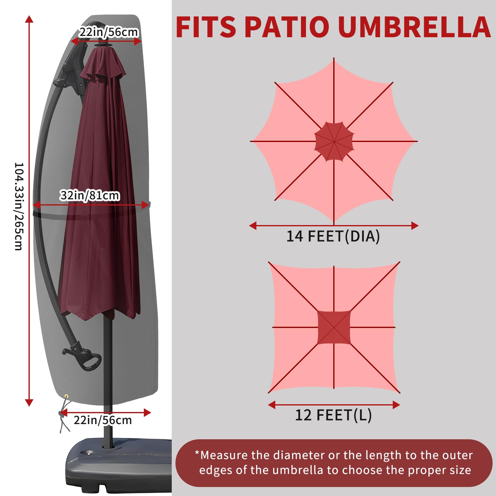 RICHIE Patio Umbrella Parasol Cover for 12ft to 14ft Offset Umbrella, 600D Waterproof Outdoor Offset Umbrella Cover with Zipper and Rod, Fits Cantilever Offset Umbrella, Black