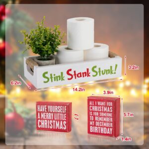 Veichin Double-Sided Christmas Funny Bathroom Decor with Double-Sided Sign, Stink Stank Stunk Box, Toilet Paper Storage Basket, White Wood Tank Tray Organizer with Handles for Christmas Decorative