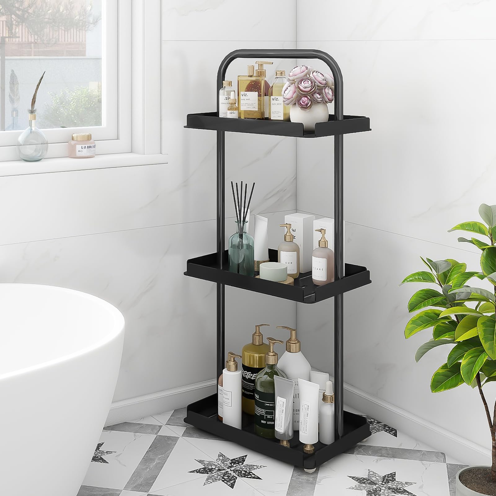 ELITEROO 3 Tier Standing Shower Caddy Organizer, Corner Shower Shelf with Handle, Storage Stands for Shampoo, Stand Up Metal Basket Rack for Inside Bathroom, Bathtub, Office, Kitchen, Black