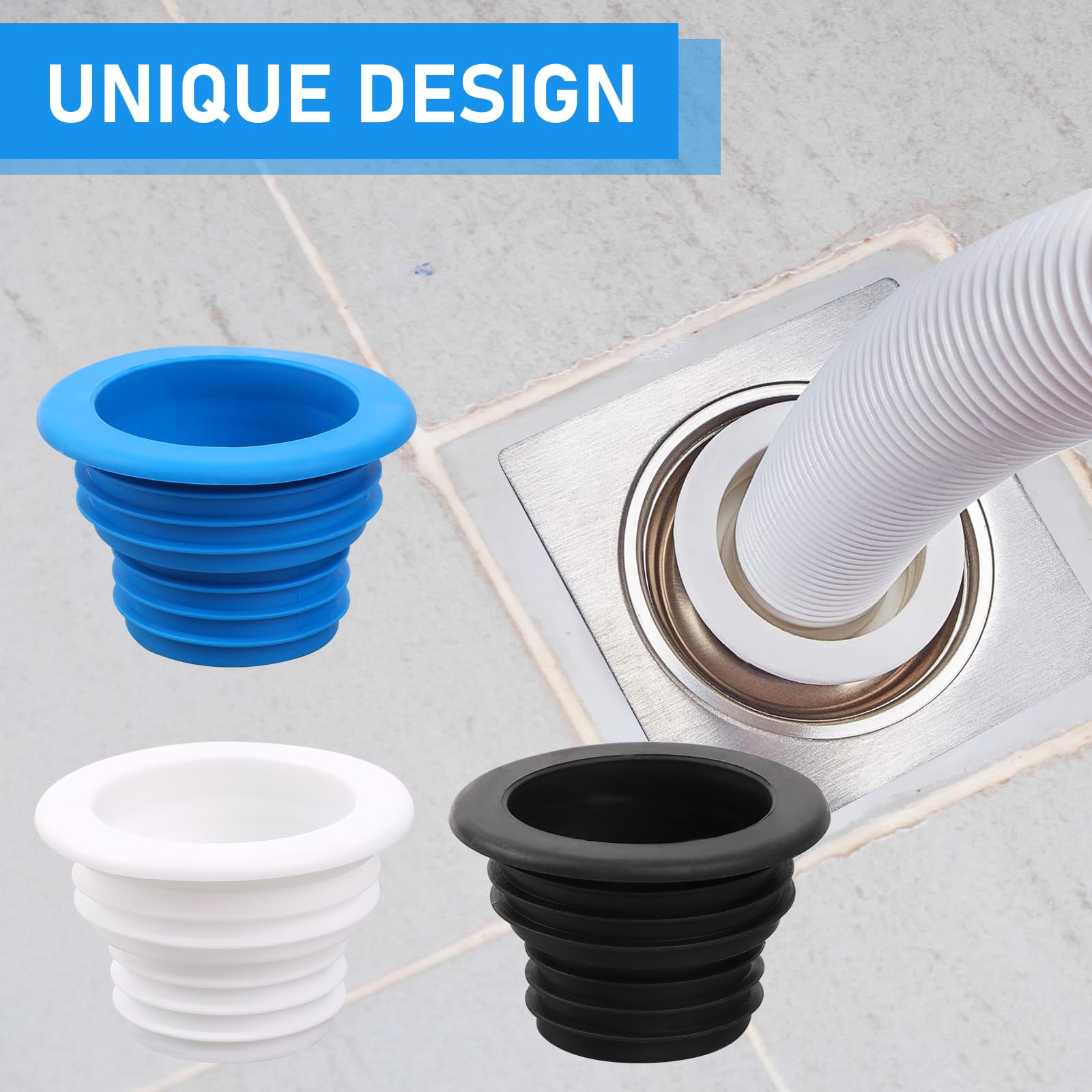 3Pcs Fit Drain Pipe Hose Silicone Plug, Washing Machine Drain Hose Holder, Washing Machine Drain for Bathroom Kitchen, Silicone Plug Sewer Seal Ring(Black Blue White)