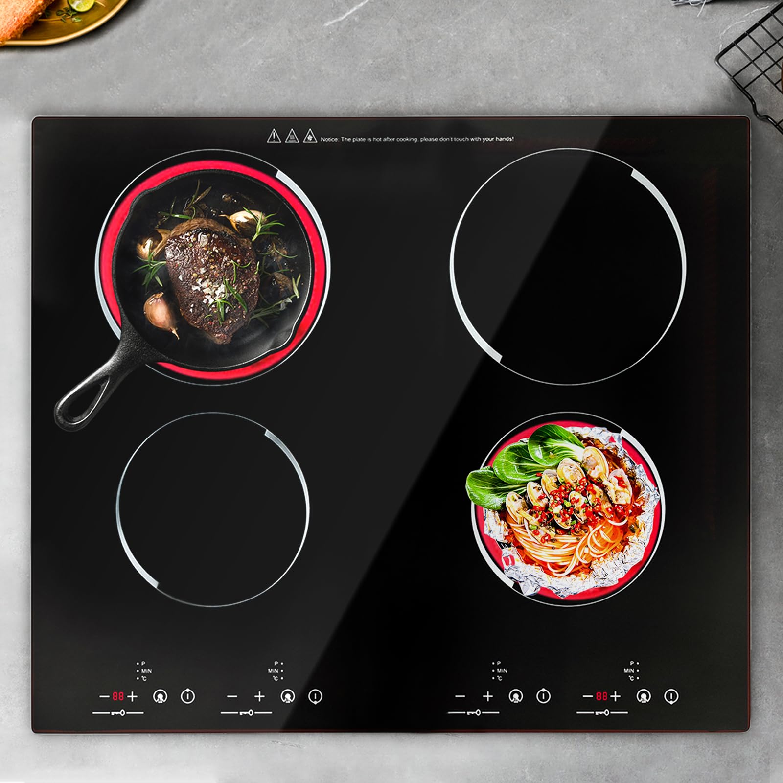 3000W 110V Cooktop Portable 4 Burners Electric Built-in Cooktop Sensor Touch Control Countertop Electric Hot Plate with Kid Safety Lock and 2H Timer, 9 Heating Level, no plug