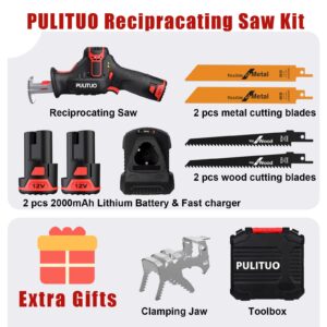 PULITUO Reciprocating Saw Cordless, Power Reciprocating Saws Compact Design，Including 2pcs 2000mAh Li-Ion battery, 1-Hour Fast Charger, Clamp Jaw, 4pcs of Saw Blades for Wood/Metal/PVC