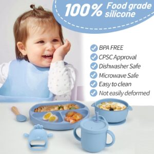 BlissBuds Silicone Baby Feeding Set, 15 pieces baby suction plates and bowls set with baby bibs, spoons, forks, sippy cup and teether, baby led weaning supplies set for 6 months + (Blue)