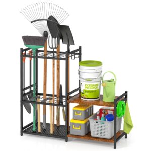 daoutime garage tool organizer with 2-tier wooden shelves, yard tool organizer for garage with 6 hooks, heavy duty steel garden tool rack holds up to 35 long handled yard tools for storage, black