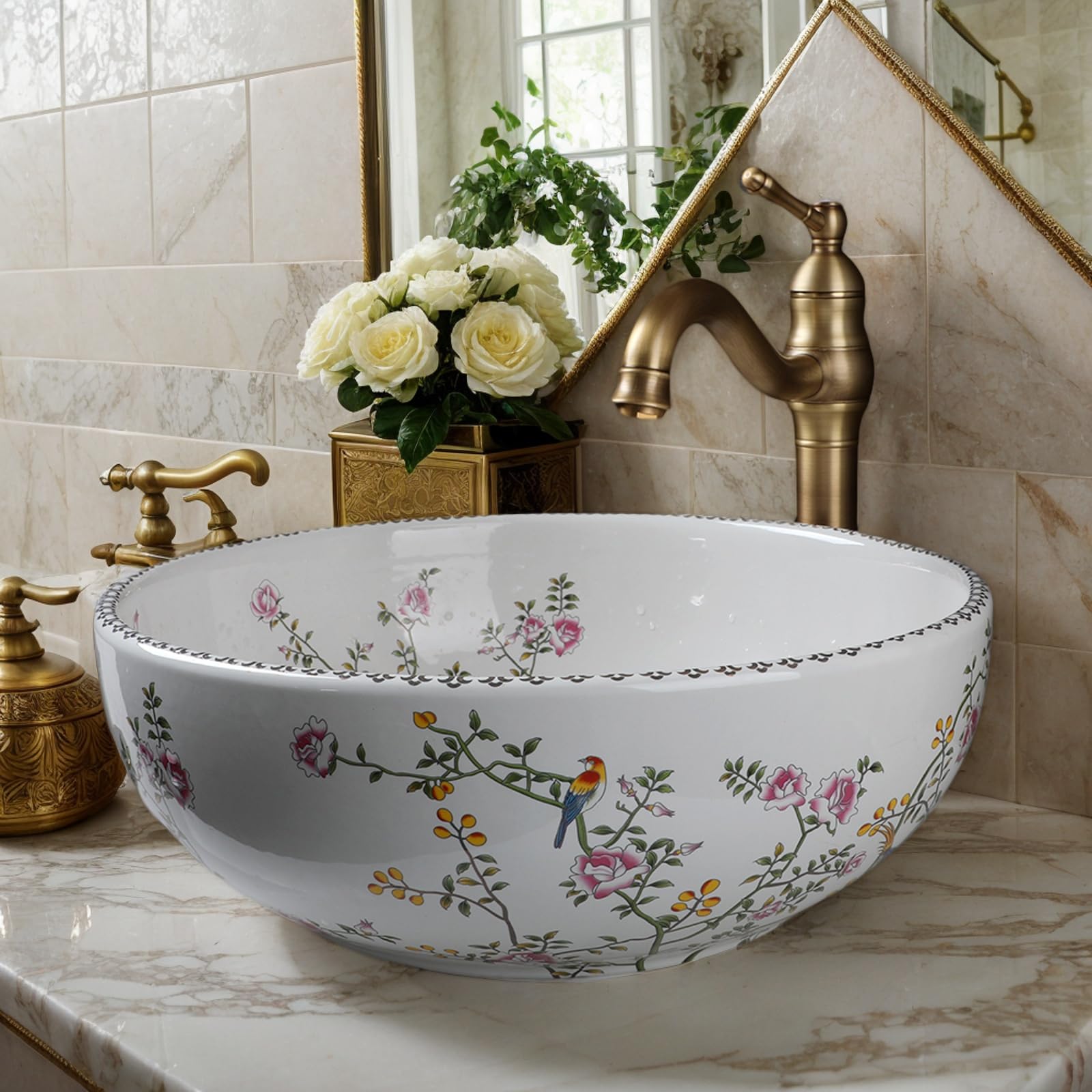 Sinku Mccut Ceramic Bathroom Vessel Sink with Faucet and Drain Combo Artistic Hand Painted Round Bathroom Sink Bowl Above Counter Batnroom Sinks