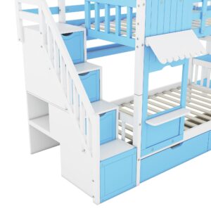 Kids Bunk Bed with Stairs and Slide, Wood Twin Over Twin Bunk Bed with Storage Drawers and Shelves, Castle Style Bunk Beds for Kids Teens Girls Boys, Blue